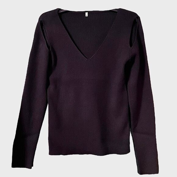 Women's Cold Shoulder V Neck Sweater Long Sleeve In Black Size L NWT - Picture 1 of 7